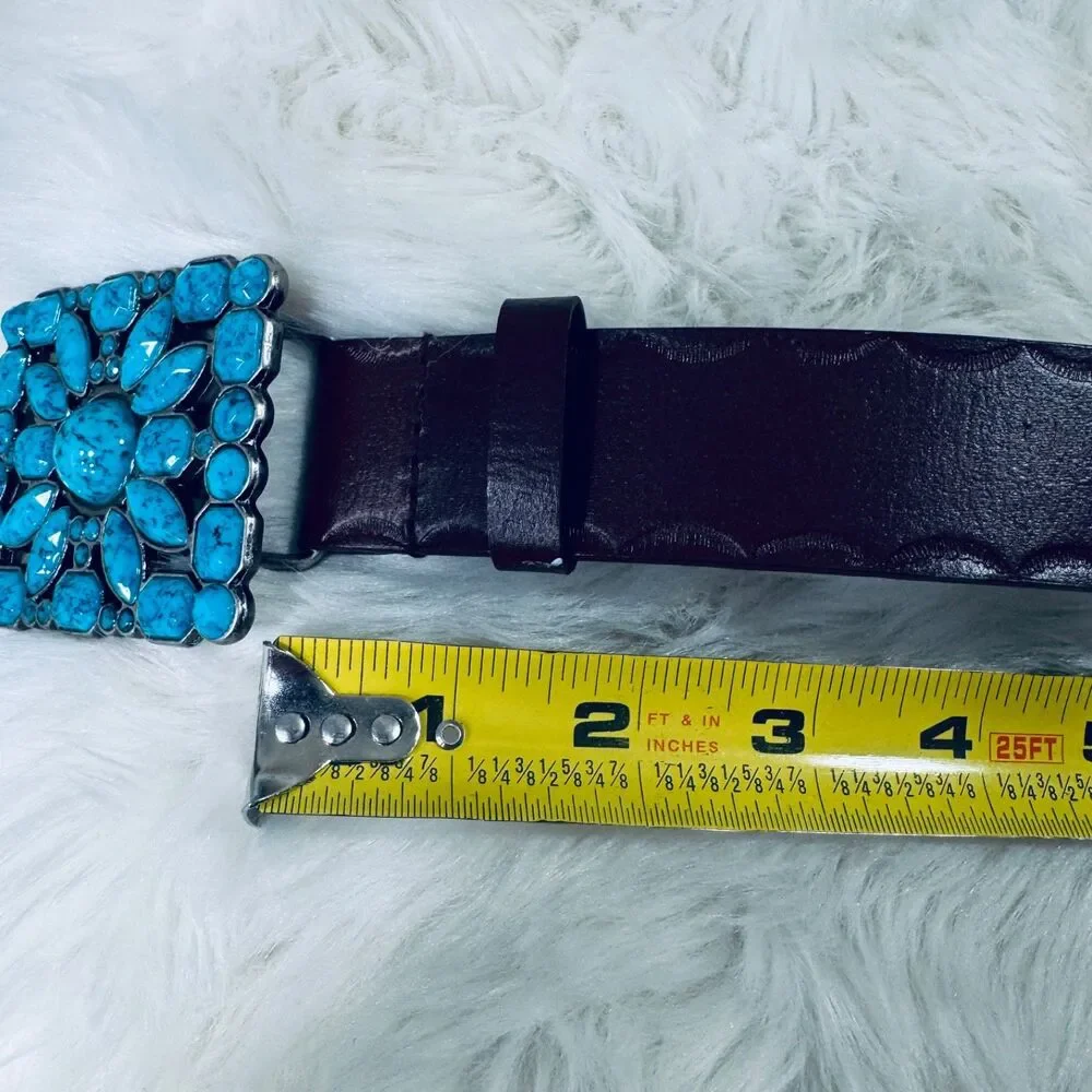 Western Boho Faux Turquoise Mosaic Buckle Belt Brown M (29.5-33.5) Waist Cowgirl